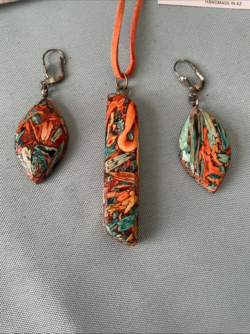 Handmade Arizona Tumbleweed Orange Teal Multicolor Pendant & Earrings Set